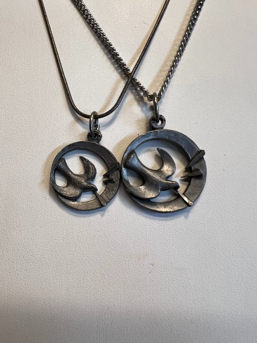Two Vintage Christian Dove Silvertone Metal Pendant Necklaces, Italy